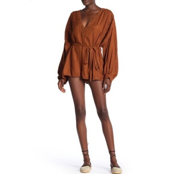 FREE PEOPLE Intimately I Mean It Crochet Knit Romper Burnt Copper - Picture 1 of 12